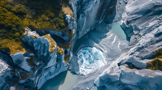 a glacier with a waterfall in the background