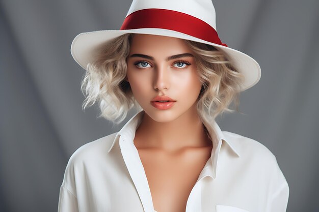 Photo glad girl with short shiny hair posing in cute white hat