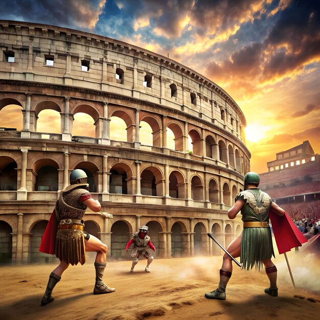 Gladiators in coliseum Ancient roman warrior characters in arena cartoon antique gladiators with shield and weapons fighting