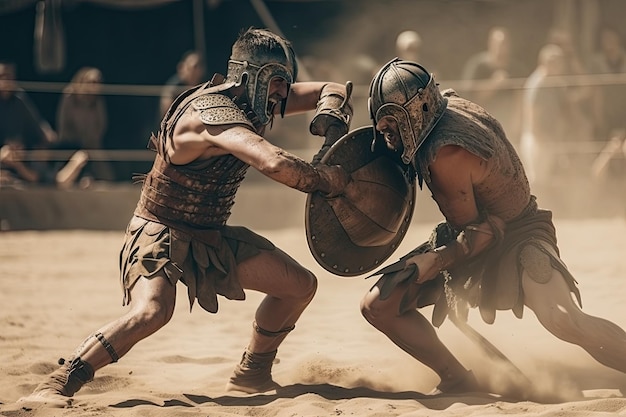 Gladiators fighting in a fierce battle on the sand of an arena