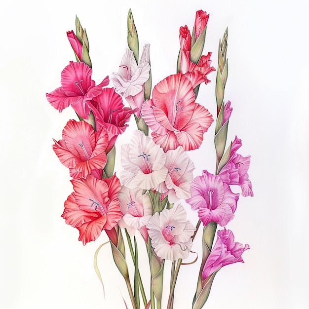 Gladiolus bouquet in graceful stems digital art in white background