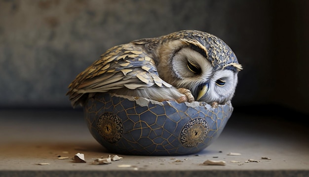 Glam metal baby owl sleeping.