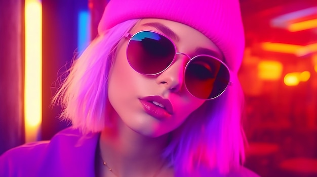 Glamor girl with glasses on neon light background