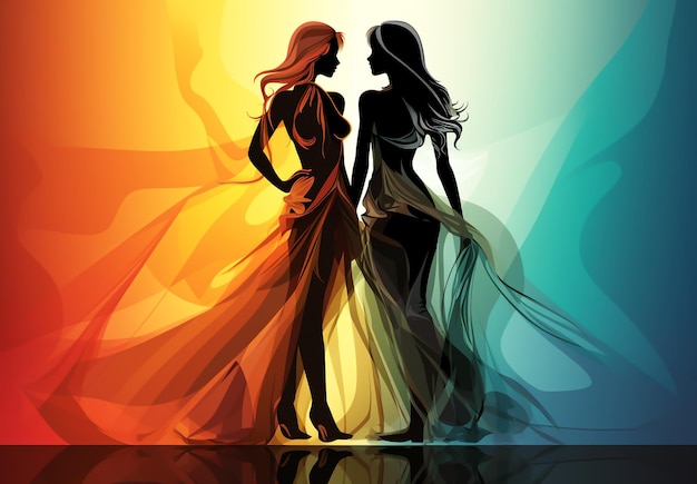 Glamor lesbian couple illustration with rainbow colors LGBT Pride Equal rights for LGBT community