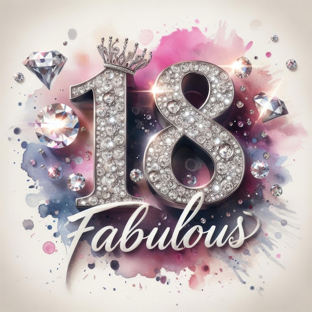 Glamorous 18th birthday with diamond numbers crown and colorful background emphasizing Fabulous