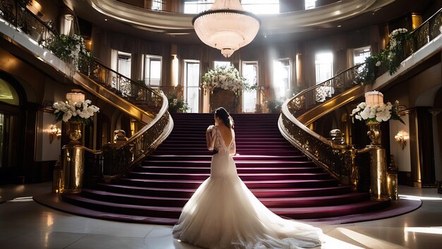 Photo glamorous ballroom wedding with a grand staircase and opulent decorations