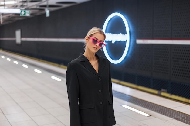 Glamorous beautiful young stylish woman with pink sunglasses in a fashionable black blazer walks in a modern subway station Urban fashion girl