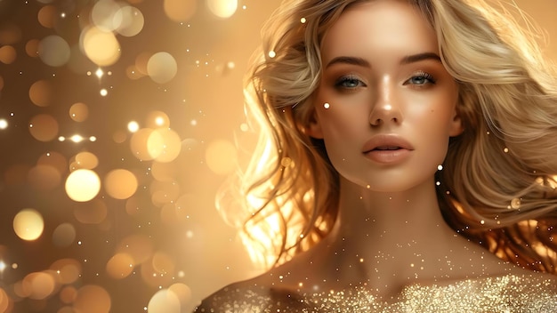 Glamorous Blonde Woman with Curly Hair on a Golden Glitter Background Concept Glamour Blonde Woman Curly Hair Golden Background