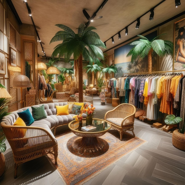 A glamorous boutique with a tropical theme with palm trees bamboo and rattan furniture