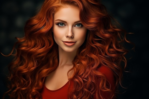 Glamorous close up smiling brunette model with long curly red hair in stunning makeup