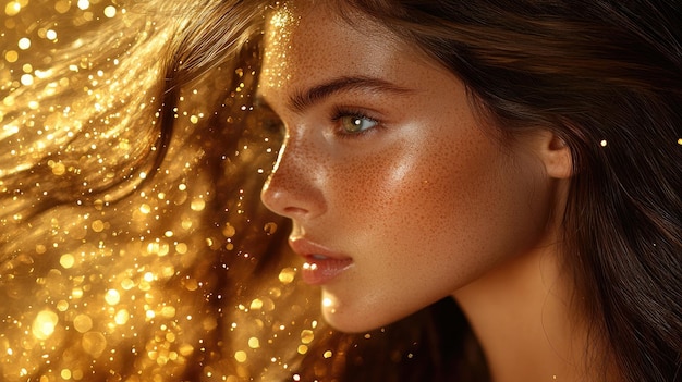 Glamorous CloseUp Portrait with Glittering Gold Makeup and Bokeh Lights