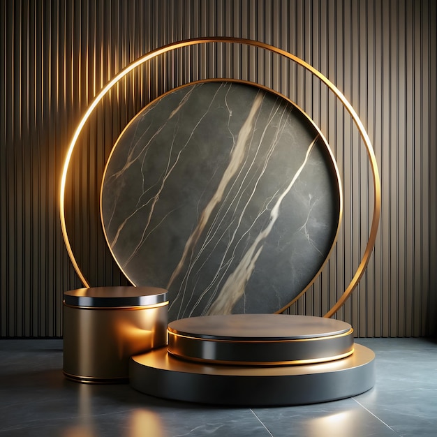 Glamorous Display Black and Golden 3d modern podium against the Abstract backdrop