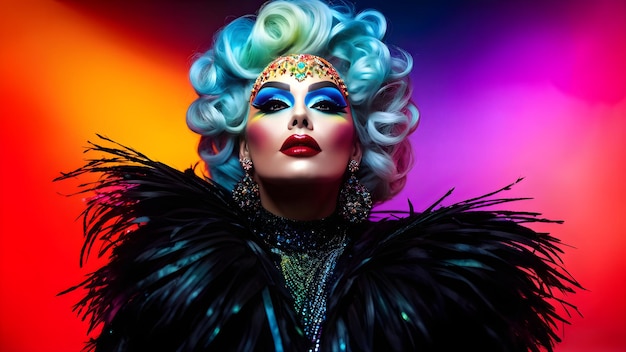 Photo glamorous drag queen in vibrant feather costume against colorful background