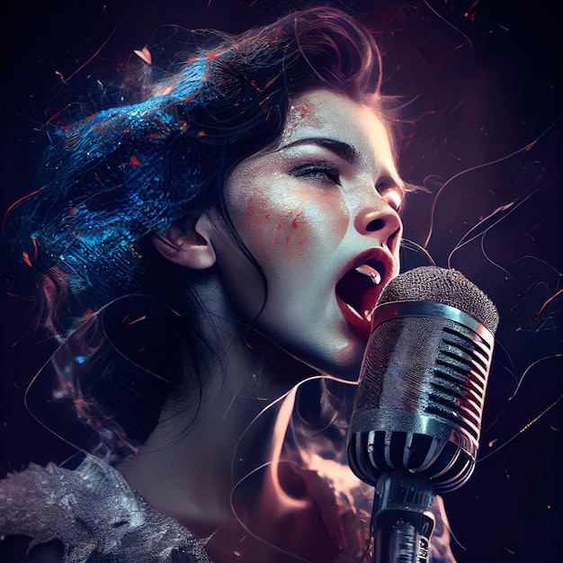 A glamorous elegant woman with a vintage microphone singing a song