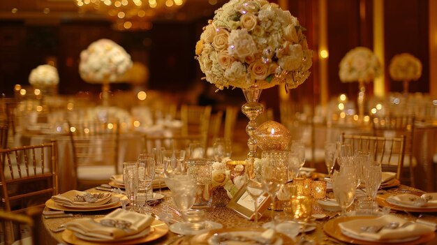 Photo glamorous event with gold themed decorations and table settings