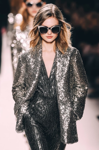 Photo glamorous fashion model in sparkling sequin outfit with sunglasses on runway