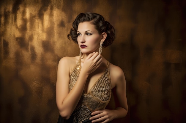 Glamorous Hollywood Starlet Portrait of a woman in a glamorous 1940sstyle gown and jewelry