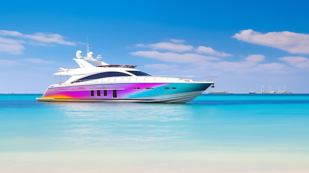 Glamorous luxury yacht anchored on a serene turquoise ocean under a clear blue sky