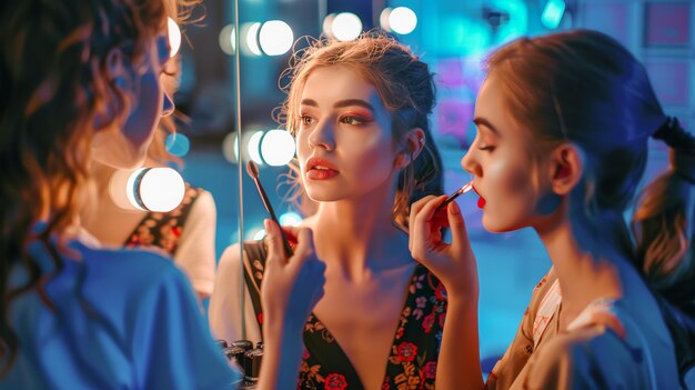 Glamorous Makeup Application in Front of Vanity Mirror