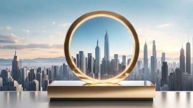 Glamorous Mirror Podium with sparkling city skyline Background