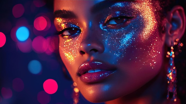 Photo glamorous neon portrait of a woman with glitter and colorful bokeh background