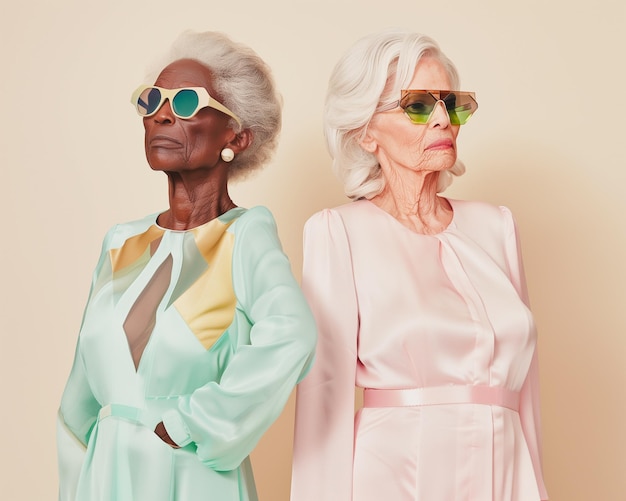 Glamorous old natural women wearing gorgeous pastel dresses and geometric tinted sunglasses