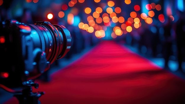 Photo a glamorous red carpet event captured through a camera lens adorned with colorful bokeh lights in the background