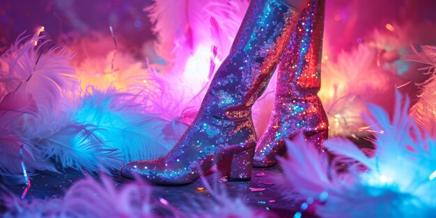 Glamorous Sparkling Sequin Boots with Vivid Party Feathers