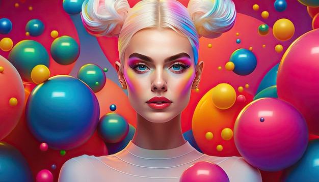 Glamorous and stylish woman with a perfect face surrounded by colored balls Futuristic style Generative AI