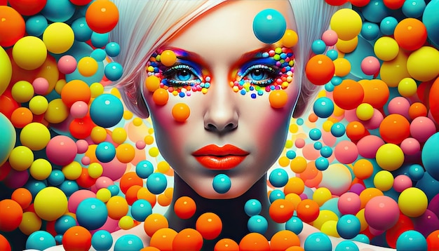 Glamorous and stylish woman with a perfect face surrounded by colored balls Futuristic style Generative AI