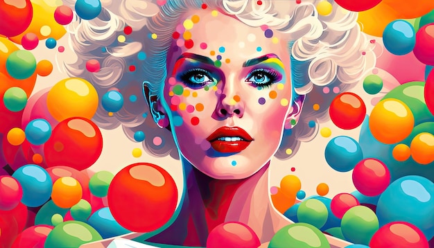 Glamorous and stylish woman with a perfect face surrounded by colored balls Futuristic style Generative AI