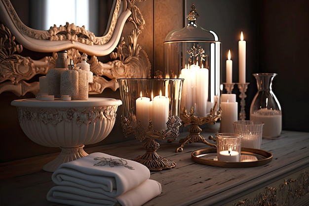 Glamorous vintage atmosphere in bathroom with candles on table created with generative ai