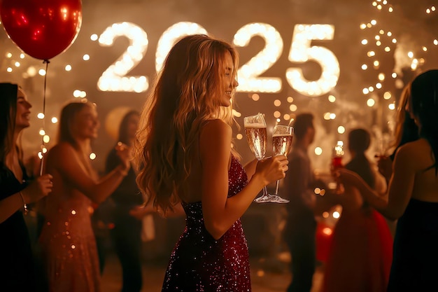 Photo glamorous woman celebrating new years eve with champagne at a festive party