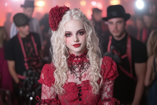 Photo glamorous woman in red lace dress with curly blonde hair