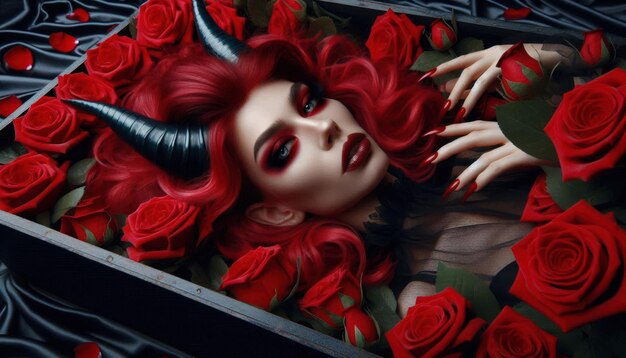 Photo a glamorous woman with red hair horns and red nails lies in a coffin surrounded by red roses concept