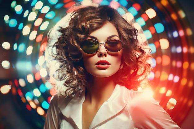 Glamorous woman with retro style in neon lights