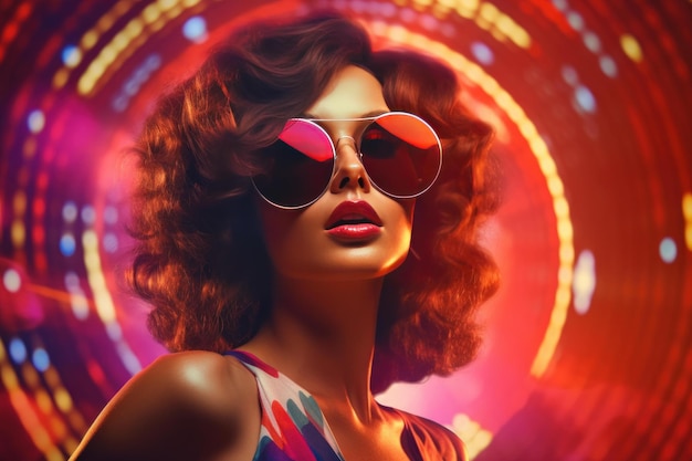 Glamorous woman with retro sunglasses in neon lights