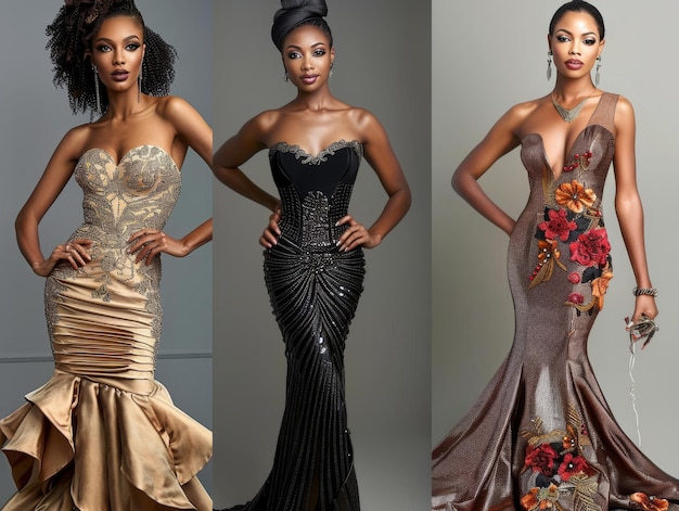 Glamorous Women in Elegant Evening Gowns Posing with Confidence