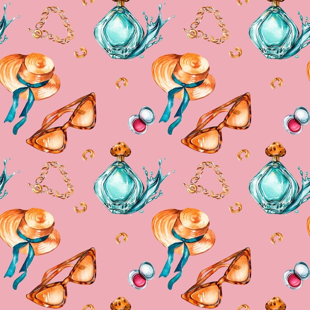 Glamour collection watercolor seamless pattern on pink background