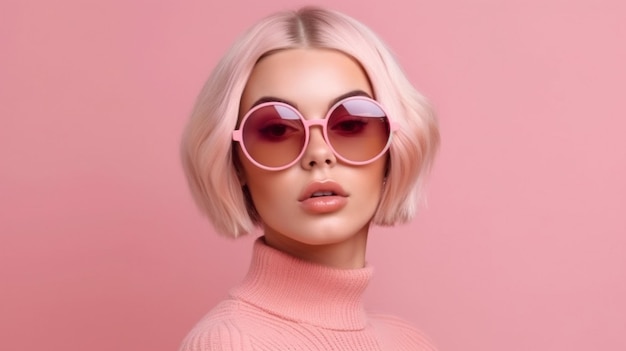 Glamour Gorgeous Woman with a Kissing Face Stylish hairstyle for a party Pink summer dress worn by a stylish woman Young playful model wearing a fashionable outfit Generative AI