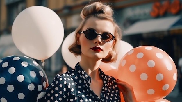 Glamour stylish elegant woman in polka dot dress is holding balloons with dots Retro fashion