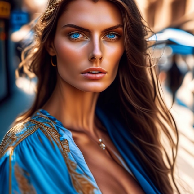 Glamour stylish woman blue eyes brown hair model in summer bright cloth in the street