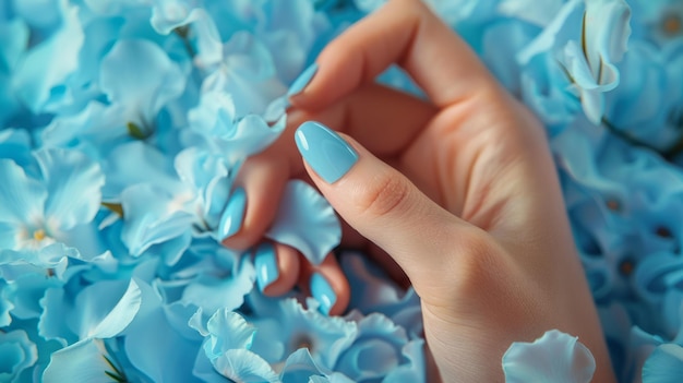 Glamour woman hand with baby blue color nail polish manicure on fingers touching light blue flower