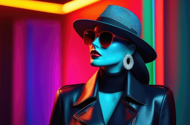 glamourous fashion collection mannequin with handbags hat and sunglasses in store with neon light