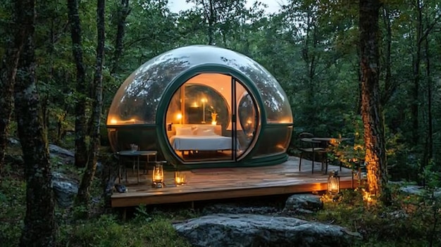 Photo glamping bubble dome in a forest with led lights for a luxury camping experience