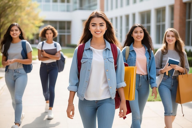 glancing back while going for a class in college Girl walking with friends going