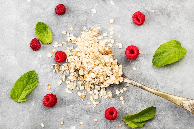 Glanola in spoon with raspberry and mint