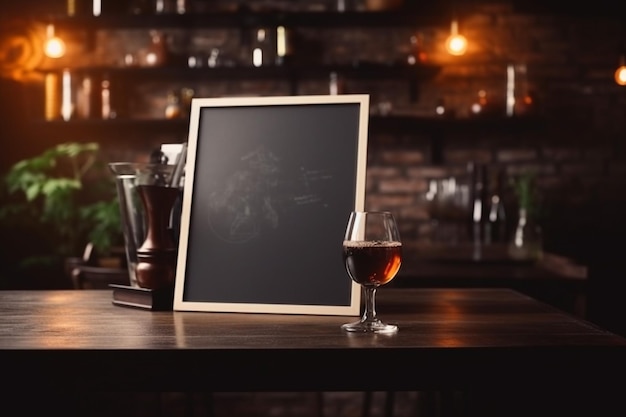 A glass of alcohol sits on a bar counter next to a wine glass.