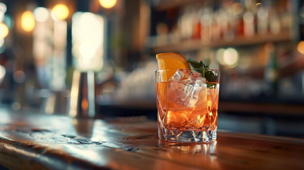 a glass of alcohol sits on a bar counter with a slice of lime