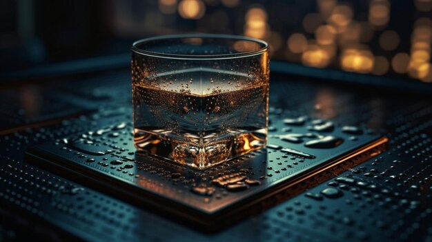 A glass of alcohol sits on a black tabletop with the word whiskey on it.